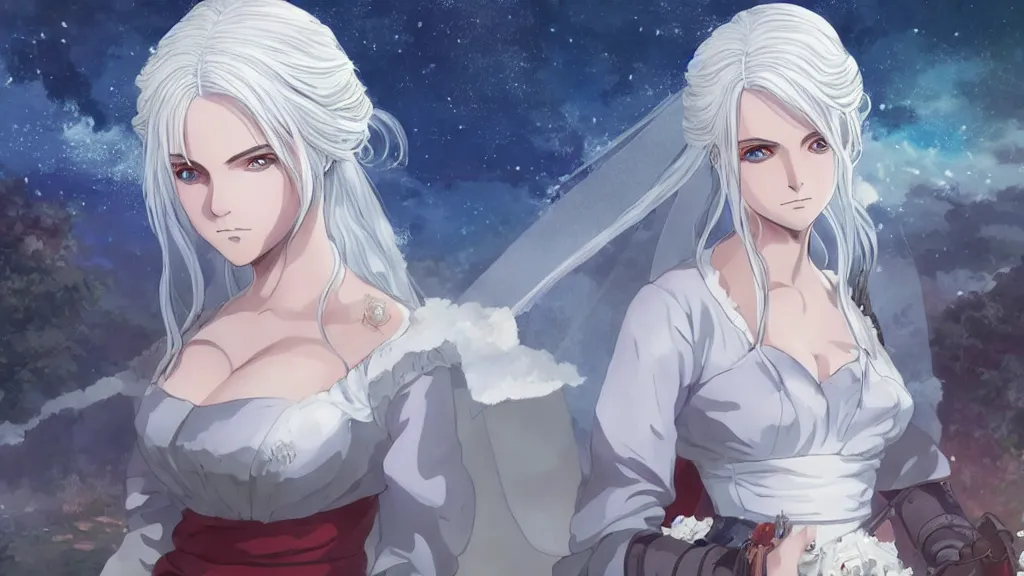 Prompt: anime portrait of ciri from the witcher dressed as a bride, in the background you can see the milky way. official art, key visual, studio lightning, very detailed bd cover, Studio Ghibli