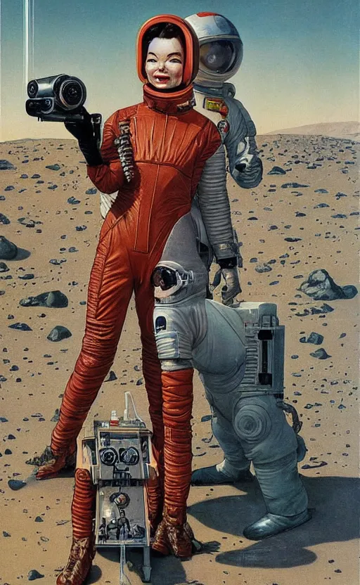 Image similar to bjork holding a retro ray gun and wearing a faded leather spacesuit on Mars by norman rockwell and darek zabrocki