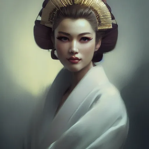 Image similar to portrait of a gorgeous blonde geisha by Greg Rutkowski, trending on Artstation, Joseph Christian Leyendecker, WLOP, Boris Vallejo, octane render, dark, moody, foggy