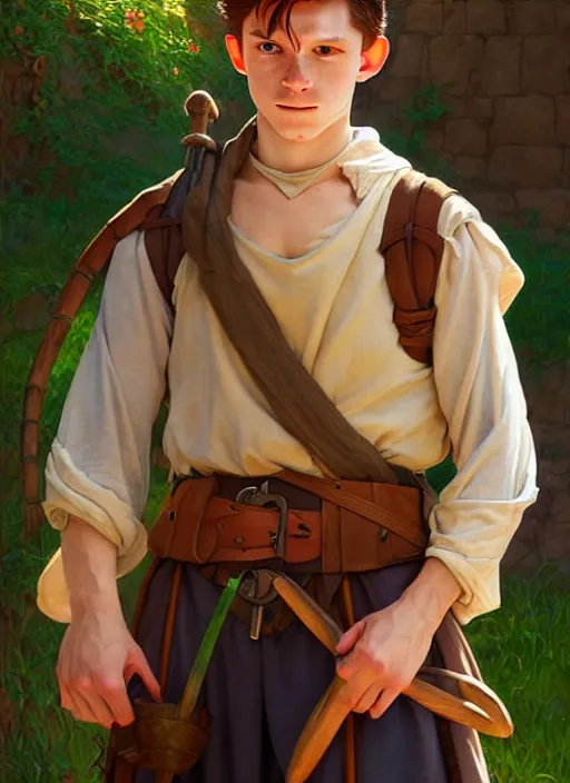 Image similar to cute tom holland medieval peasant, natural lighting, path traced, highly detailed, high quality, digital painting, by don bluth and ross tran and studio ghibli and alphonse mucha, artgerm