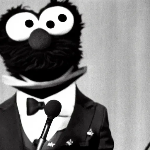 Image similar to Elmo wearing a suit, sitting in front of a microphone, shouting at congress.