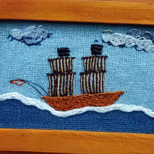 Image similar to a tiny beautiful handmade embroidery of a pirate ship sinking into a stormy ocean. hand embroidery.