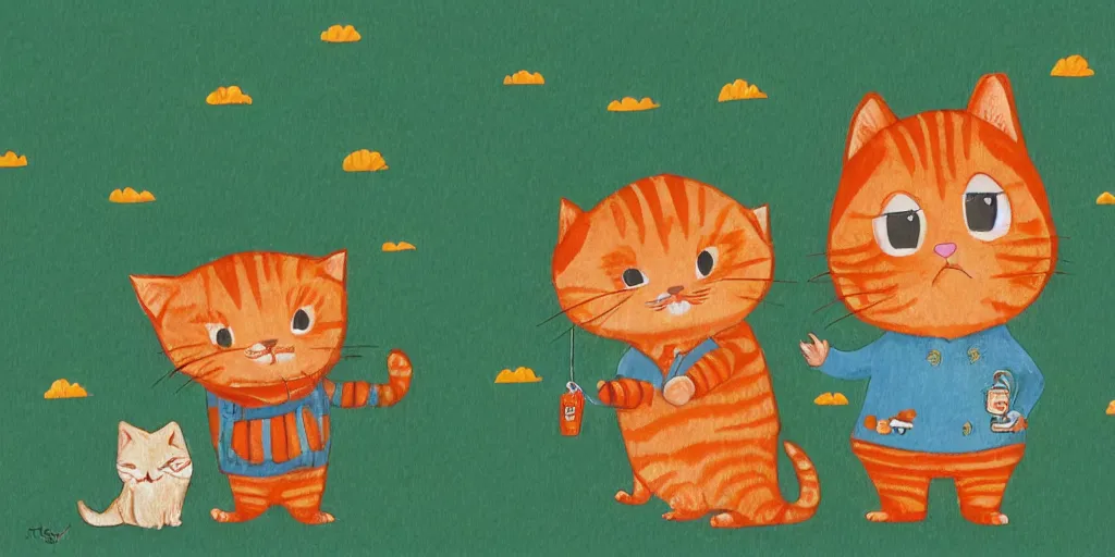 Image similar to a beard man and an orange tabby kitten standing in the rain by richard scarry