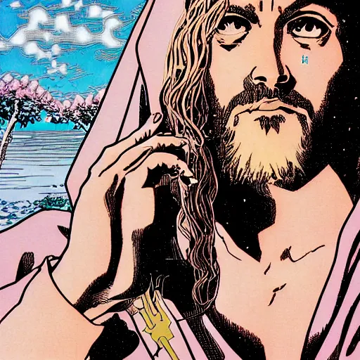 Image similar to jesus by hirohiko araki and moebius