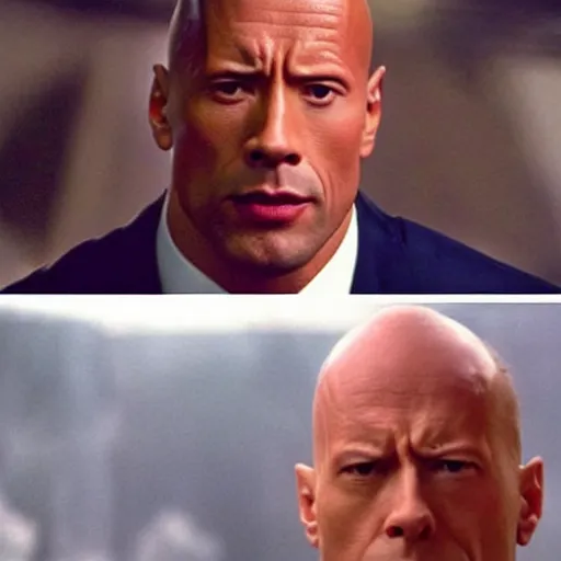 Image similar to dwayne johnson as bruce willis in diehard movie, cinematic, his face like want tell he tired of this