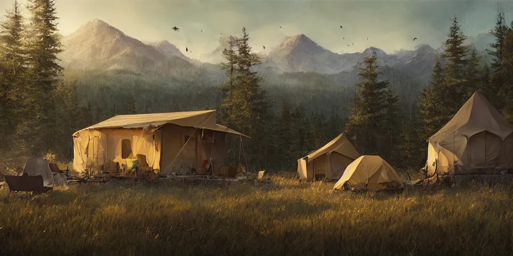 Image similar to cabela's tent fabric shelled pop up family dwelling unit, cabin, modular, person in foreground, mountainous forested wilderness open fields, beautiful views, painterly concept art, joanna gaines, environmental concept art, farmhouse, magnolia, concept art illustration by ross tran, james gurney, by craig mullins, by greg rutkowski