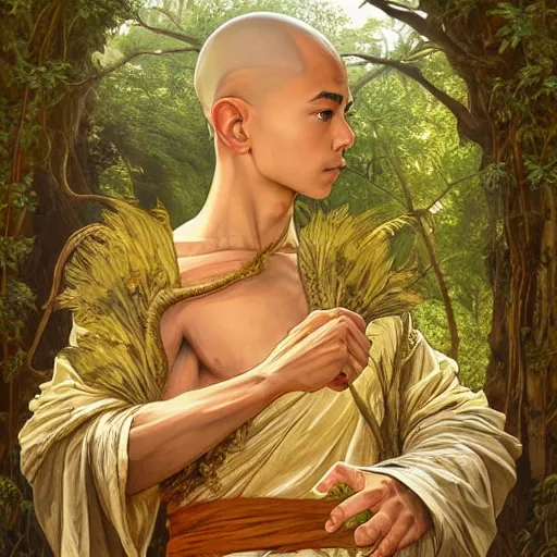 Image similar to intricate detailed portrait painting of aang on a beautiful forest meadow, temple ruins surrounded by lush forest, afternoon, intricate, elegant, highly detailed, digital painting, sharp, focus, illustration art by artgerm and greg rutkowski and alphonse mucha