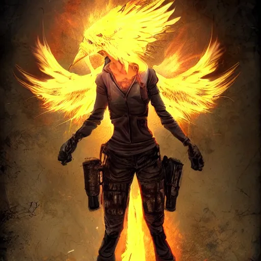 Image similar to post-apocalyptic female phoenix, dark ambiance, realism,