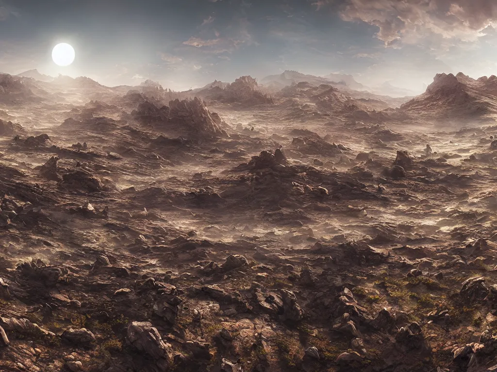 Image similar to Panorama view of an extraterrestrial landscape by Kilian Schönberger, highly detailed, sharp focus, illustration, cinematic lighting, Unreal Engine 5