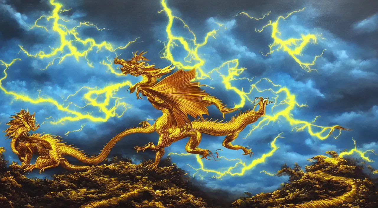 Image similar to beautiful oil painting of golden eastern dragon in sky, green lightning, night clouds, above forest