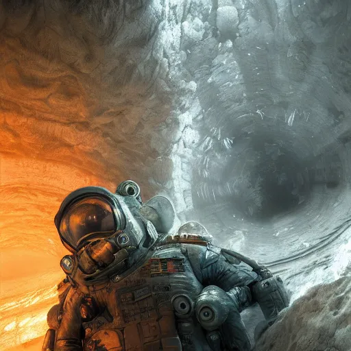 Image similar to concept art by craig mullins astronaut in futuristic dark and empty spaceship underwater. infrared complex and hyperdetailed technical suit. mandelbulb fractal. reflection and dispersion materials. rays and dispersion of light. volumetric light. 5 0 mm, f / 3 2. noise film photo. flash photography. unreal engine 4, octane render. interstellar movie art