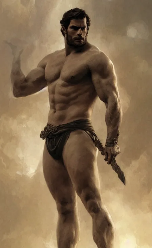 Image similar to Henry Cavill as a Greek god, gorgeous, amazing, muscular, intricate, highly detailed, digital painting, artstation, thighs!!!, concept art, sharp focus, illustration, art by greg rutkowski and alphonse mucha