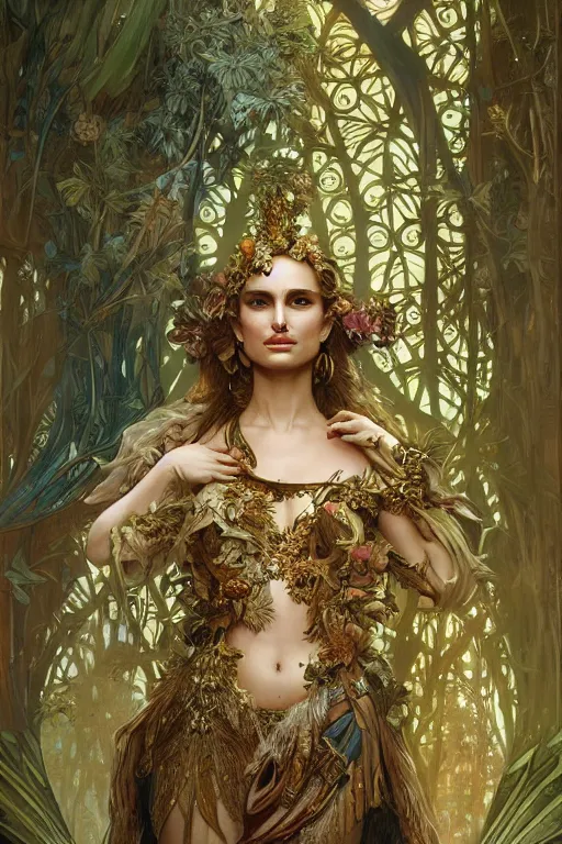 Prompt: natalie portman as queen of the jungle, painted by nekro, alphonse mucha, dark - fantasy, intricate detail, artstation, cgsociety, rococo, gold leaf art