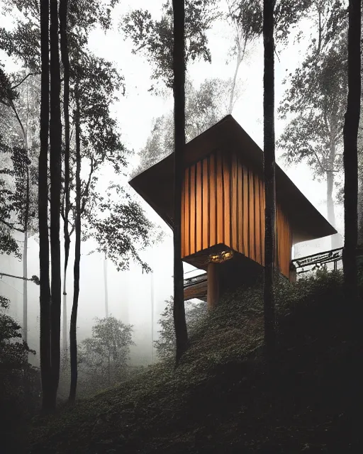 Image similar to an exquisite wooden house in the middle of a lush forest at night, minimalist design, architectural photography, dark and dim lighting, beautiful, tranquil, moody, cinematic, fantasy, 3 5 mm lens, volumetric lighting, first person view, photographic render, hyper realistic