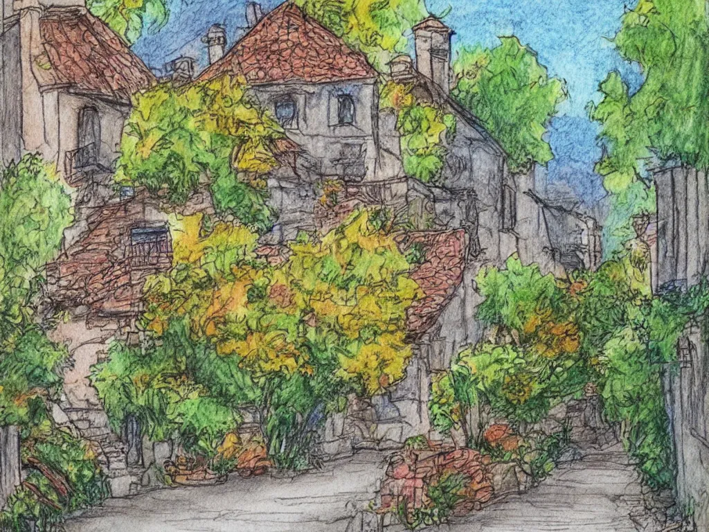 Prompt: a street in a old small village, some foliage, color pencils and watercolor, detailed