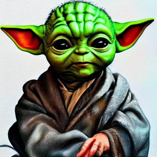 Prompt: very very cute portrait of baby Yoda with the face of Nathan Fillion by Sandra Chevrier