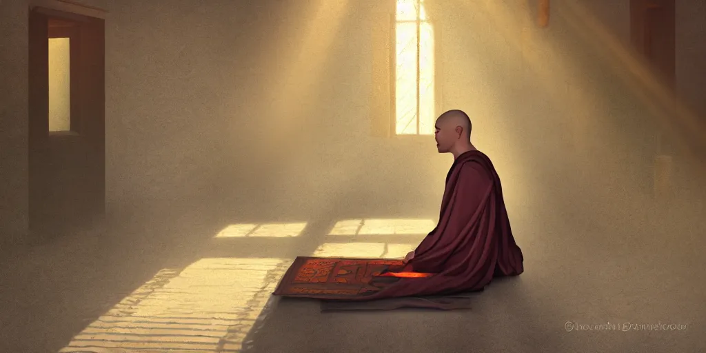 Image similar to distant monk sitting inside a peaceful temple while being illuminated by a ray of light, blissful, digital oil painting