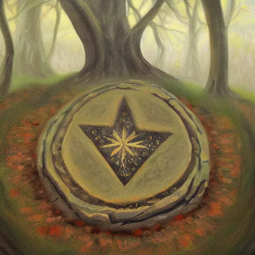 Image similar to a mysterious stone with magical symbols stands in the middle of a forest of ancient oaks, dawn, oil painting