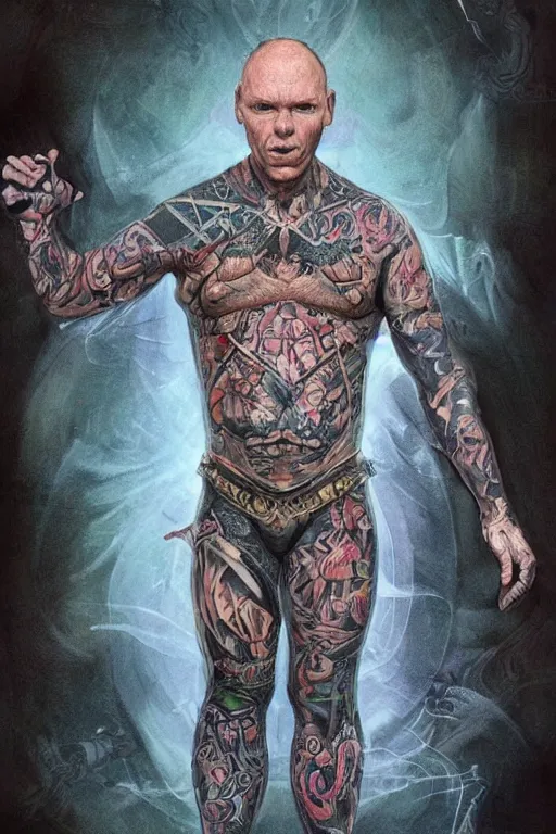 Image similar to Portrait of Bill Burr frontal standing pose torso as a very attractive man heavily Tattoed, all his skin is covered by BIKER tattoos, surrounded by magic lightings overlays, Intricate, concept art, magic lighting overlays, magical portal opened, D&D!, fantasy style, sharp focus!, ultra detailed, art by Artgerm and Peter Andrew Jones, WLUP, Magali Villeneuve