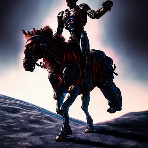 Image similar to A hyper real comic book style portait painting of the Terminator riding a horse on the moon, unreal 5, hyperrealistic, octane render, cosplay, RPG portrait, dynamic lighting