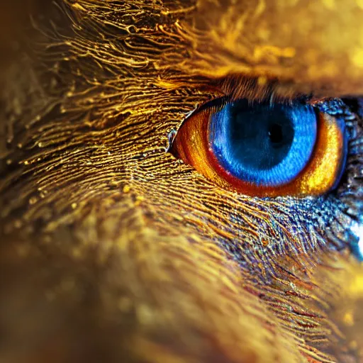 Image similar to fiery whimsical emotional eyes of a microscopic griffin, in a photorealistic macro photograph with shallow DOF