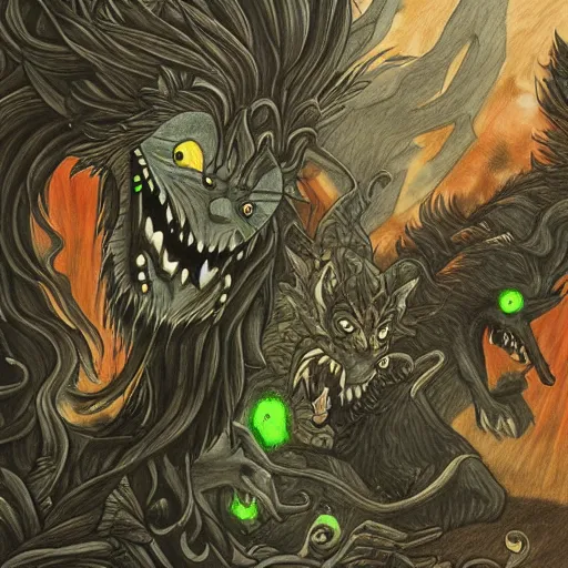 Image similar to detailed drawing of shadows chasing other shadow monsters by art gem.