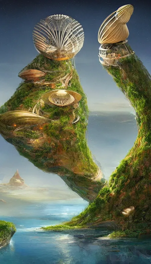 Prompt: beautiful portrait of bamboo living pods shaped like a sea shell built on the side of a cliff, the time machine, ufo by john berkey, panoramic view, ssci - fi, futuristic valley, rendered in octane, zbrush, art by artgerm, artwork by alex grey and brian froud and esao andrews and david hardy and arik brauer