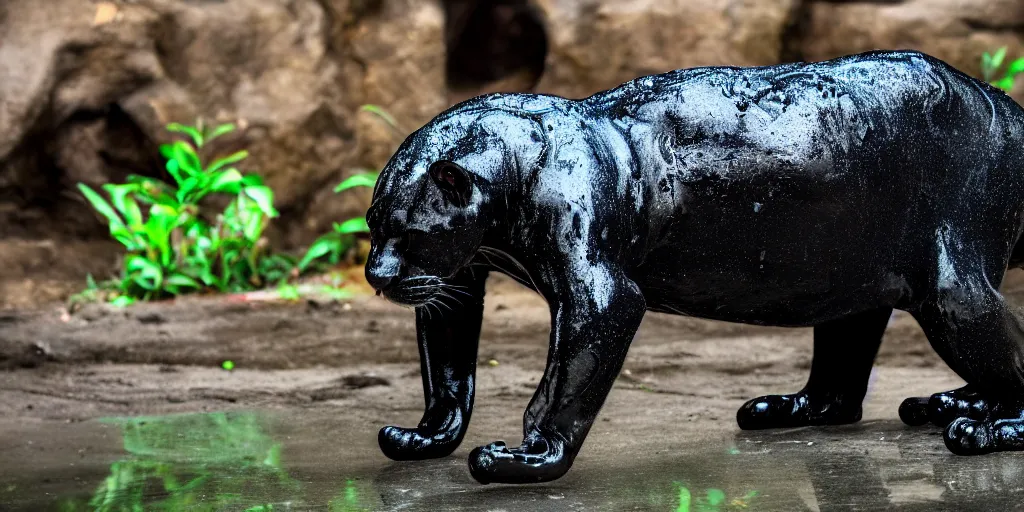 Image similar to the smooth black jaguar, made of smooth black goo, bating in tar in the zoo exhibit, viscous, sticky, full of tar, covered with black goo. photography, dslr, reflections, black goo, zoo, exhibit