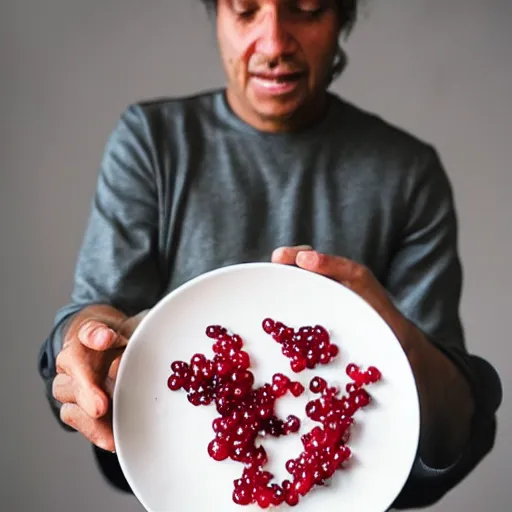 Image similar to a man eats currants with sugar in a plate in the kitchen, hyper realistic, hyper detailed, cfg _ scale 3