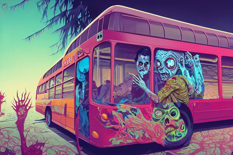 Prompt: a zombie drives a brain bus, tristan eaton, victo ngai, artgerm, rhads, ross draws