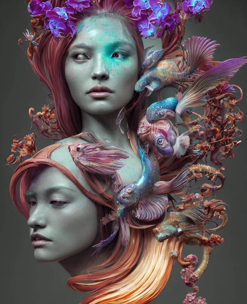 Image similar to goddess full color painted acryllic sculpture close-up portrait. orchid bird phoenix head, nautilus, skull, betta fish, bioluminiscent creatures, intricate artwork by Tooth Wu and wlop and beeple. octane render, trending on artstation, greg rutkowski very coherent symmetrical artwork. cinematic, hyper realism, high detail, octane render, 8k