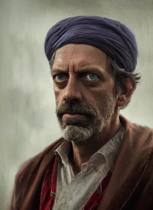 Image similar to doctor house as an indian in real life, face centered portrait of hugh laurie, confident, fog, rain, volumetric lighting, sharp focus, ultra detailed, cgsociety by leesha hannigan, ross tran, thierry doizon, kai carpenter, ignacio fernandez rios, noir art house,