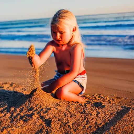 Image similar to little blond girl, making a sandcastle!!! on an Australian Beach, red!!! sand, golden hour, Canon EOS R3, f/1.4, ISO 200, 1/160s, 8K, RAW, unedited, symmetrical balance, in-frame