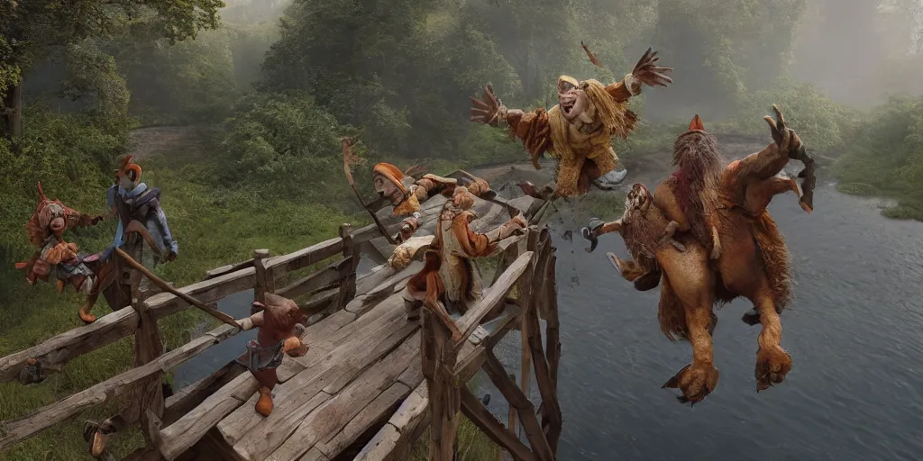 Prompt: two peasant heroes flee across a rickety wooden bridge from a giant eagle who swoops down in pursuit with talons extended. Pixar and Disney animation, sharp, Rendered in Unreal Engine 5, new video game concept art, redshift, dramatic lighting