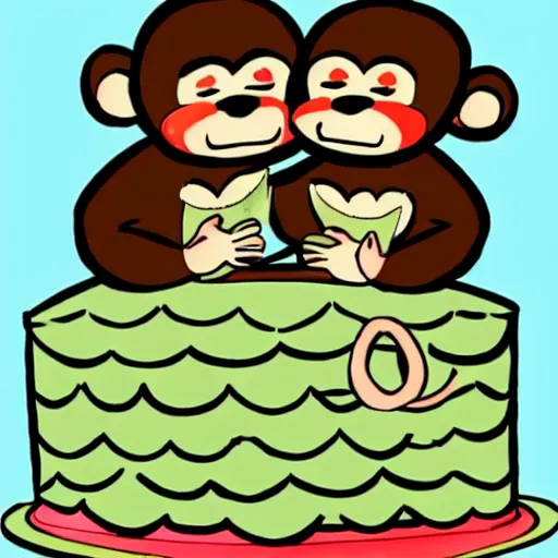 Image similar to an older monkey hugging his younger sister, birthday, cake, cartoon, birthday card