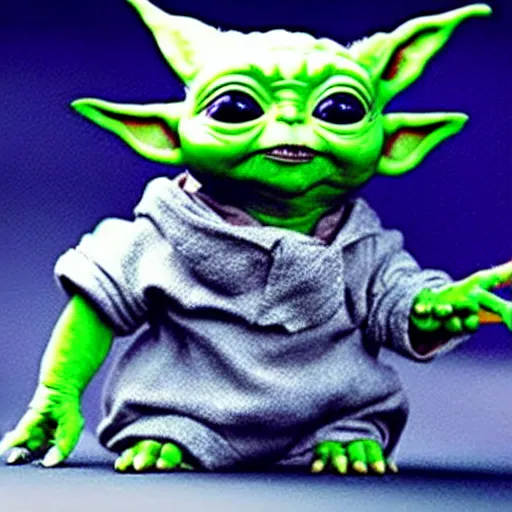 Image similar to hyper realistic Baby Yoda playing on Playstation,