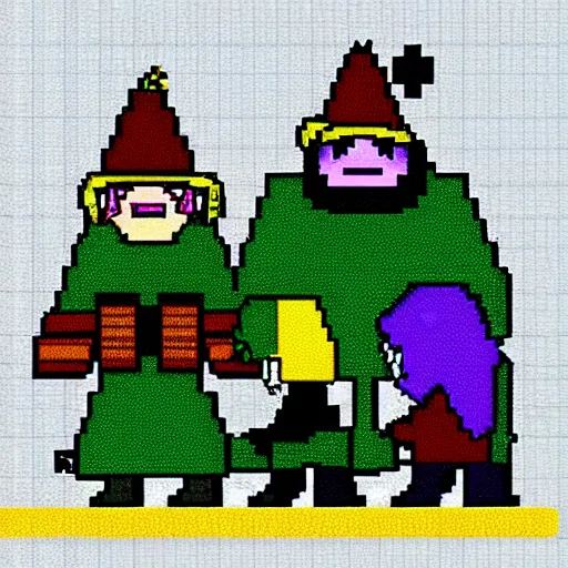 Prompt: ralsei, kris and susie from deltarune walking friendly village in winter, pixel art, 8 bit