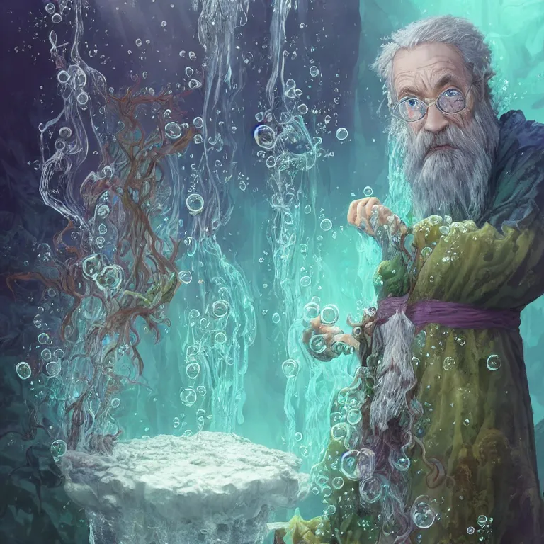 Image similar to an old wizard with seaweed for hairs and beard, wearing fluent multicolored robes in an underwater alchemical laboratory. digital illustration. fantasy. detailed. waterbubbles. by artgerm, wlop, james jean, andrei riabovitchev, marc simonetti, yoshitaka amano