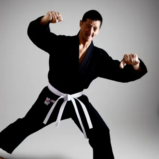 Image similar to man doing a karate kick to the camera