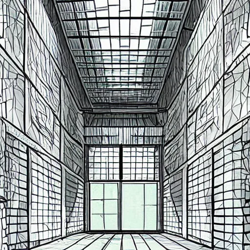 Image similar to “the inside of a huge white building with with many doors and stairs, confusing, clean geometric shapes, creepy, doors, strange dimensions, anime style, detailed background, horror anime”