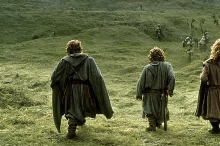 Image similar to movie still from the lord of the rings directed by ridley scott in the style of h. r. giger, two hobbits frodo and samwise walking away from the shire, dark, cinematic