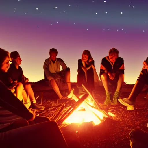 Image similar to angles in heaven looking at 6 people around a campfire, realistic