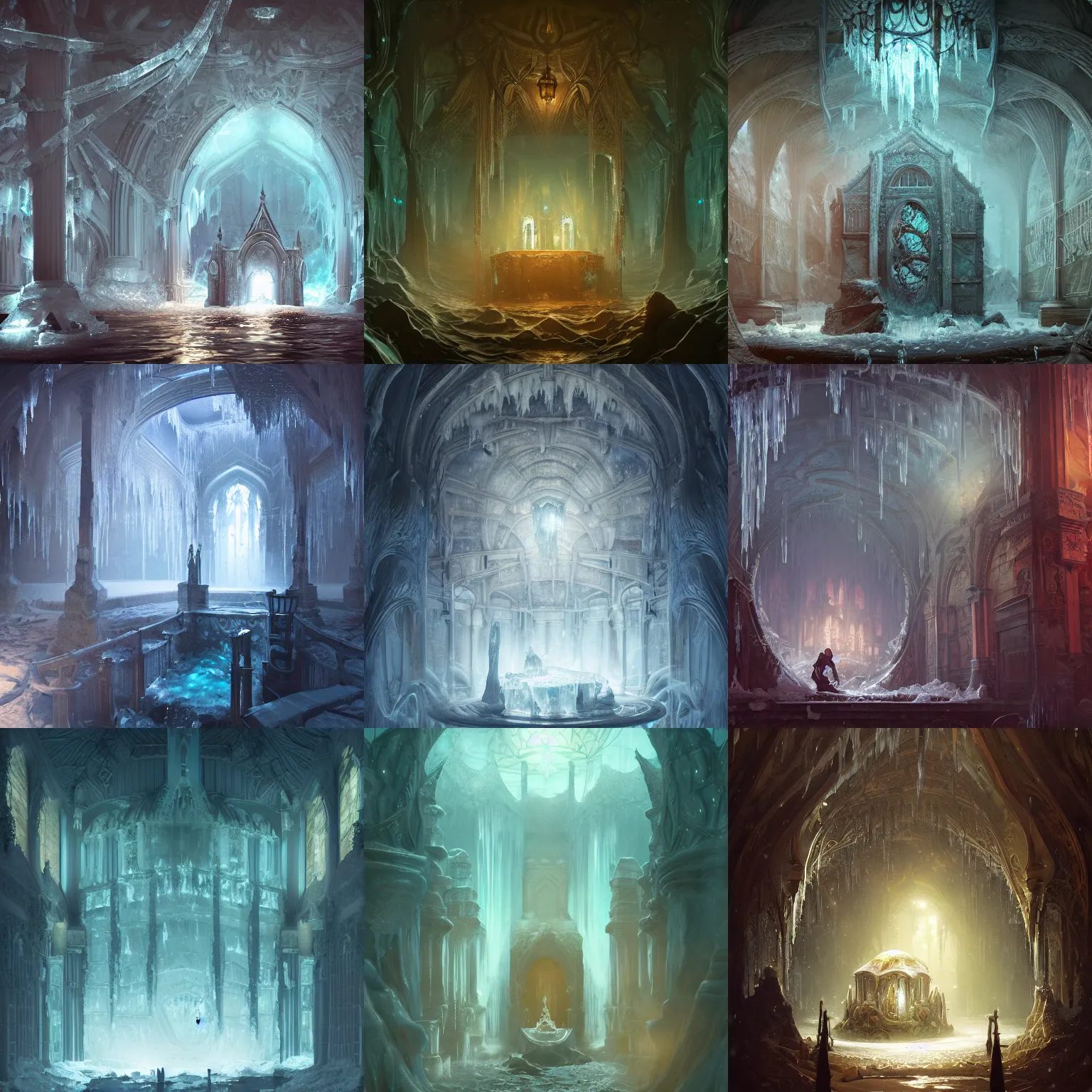 Prompt: beautiful flooding victorian tomb covered in ice, water dripping from ceiling, tapestries hanging from ceiling, light dust, by peter mohrbacher dan mumford craig mullins nekro, cgsociety, pixiv, volumetric light, 3 d render
