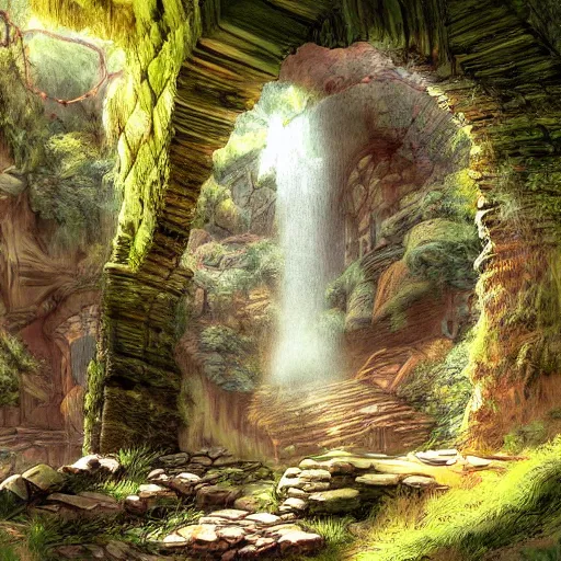 Prompt: ancient ruins,plants and waterfalls in the interior of a cave,digital art