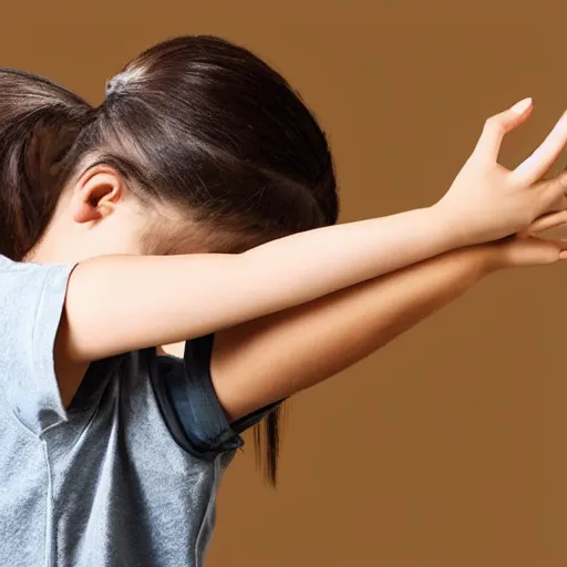 Prompt: girl with elbow on a desk and hands dragging back hair on the head sitting on a chair