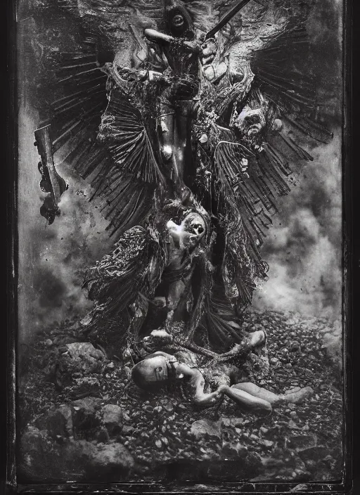 Image similar to old wetplate daguerreotype demons, devil, pain, anger, desolation, angel, throne, spear, explosion of data fragments, fractal, intricate, elegant, highly detailed, parallax, leica, medium format, subsurface scattering, by jheronimus bosch and greg rutkowski and louis jacques mande daguerre