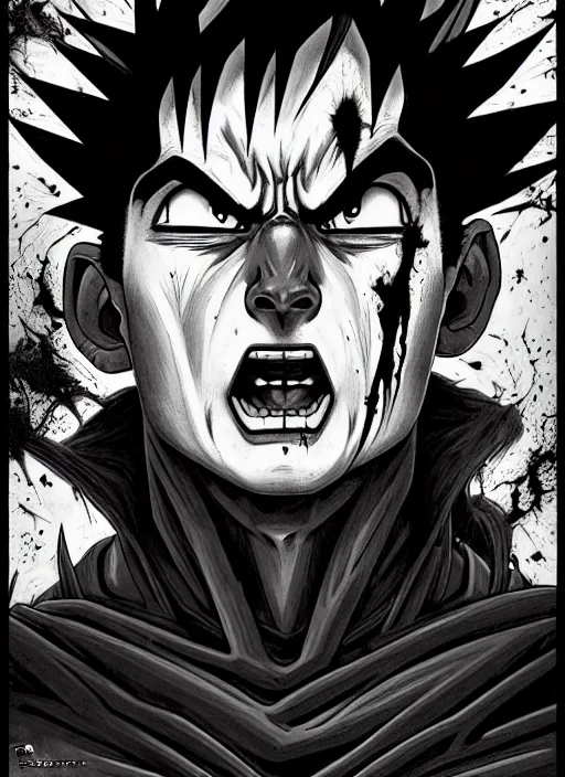 Prompt: a dream portrait of goku as god of the death, black & white, melting, webbing, 8 k, by tristan eaton, stanley artgerm, tom bagshaw, greg rutkowski, carne griffiths, ayami kojima, beksinski, giger, trending on deviantart, face enhance, hyper detailed, minimalist, horror, alien