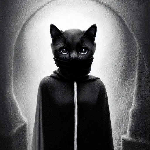 Image similar to a portrait of a kitten wearing a black hood, cloak covering face, anatomically correct, beautiful perfect face, enigmatic, oil painting, matte, black background, Volumetric dynamic lighting, Highly Detailed, Cinematic Lighting, Unreal Engine, 8k, HD, by Beksinski