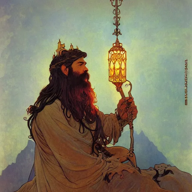 Image similar to an aesthetic! a detailed portrait of a man in a long beard, with a crown, holding a lantern with mountains of gold in the background, black birds flying overhead!! by frank frazetta and alphonse mucha, oil on canvas, art nouveau dungeons and dragons fantasy art, hd, god rays, ray tracing, crisp contour lines, huhd