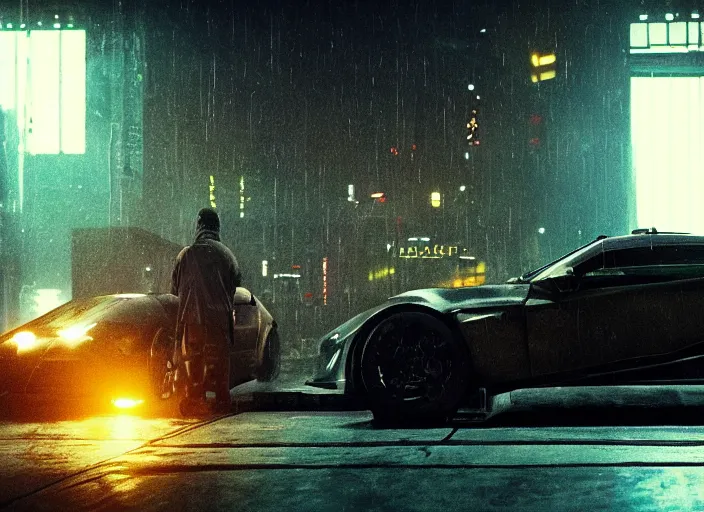 Image similar to Bladerunner 2049 scene man working on his sports car in small garage cluttered with tools parts dark atmospheric volumetric lighting grungy moody dark cinematic Roger Deakins Cinematography futuristic cyberpunk car R35 NSX R8 S14 Evo X Z06 ikuo maeda Newton Thomas Sigel bladerunner 2049 screen cap still